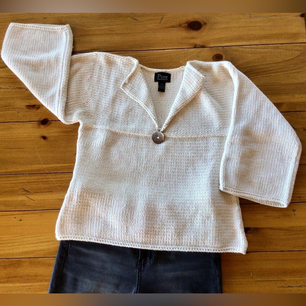 Anthropologie Cream V-Neck Sweater with Button Accent